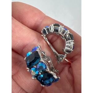 Vintage Lisner Blue AB Rhinestone Clip Earrings Signed Silver Tone